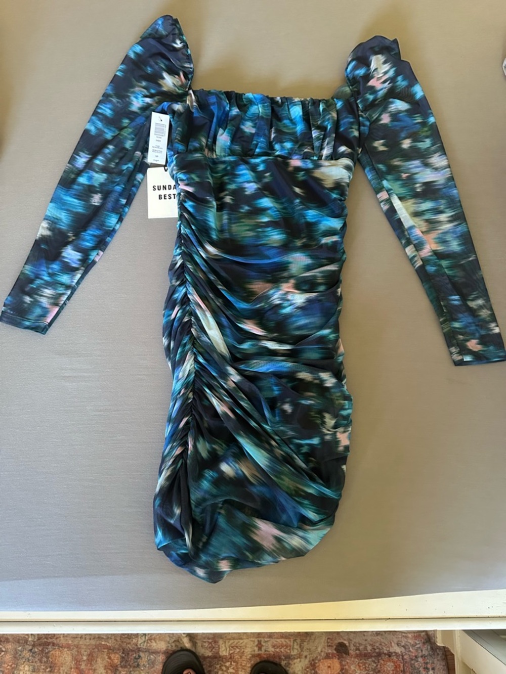 Sunday Best Blue & Green Abstract Ruched Dress